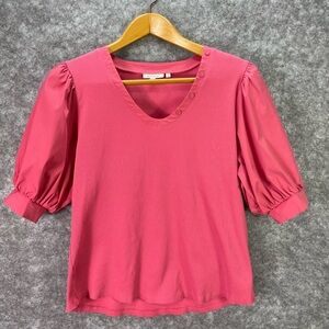 Chicos Shirt Womens XL Pink Puff Sleeve Ribbed Knit Button V Neck Top Blouse